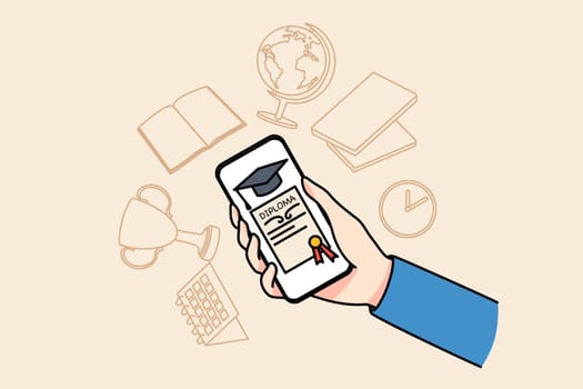 Person holding cellphone with virtual diploma graduate university on web. Student finish online studying or courses. Remote education concept. Flat vector illustration.
