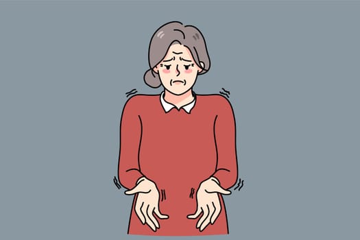 Unhealthy old woman with trembling hands suffer from Parkinson disease. Sick mature grandmother struggle with neurological illness symptoms. Elderly healthcare. Vector illustration.