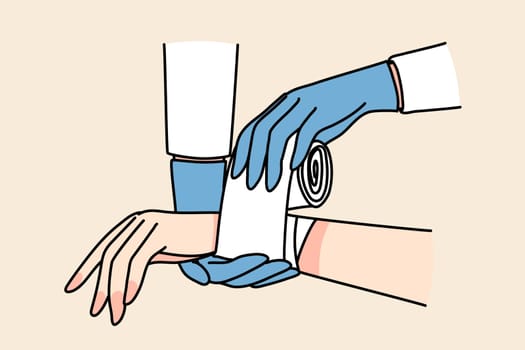 Closeup of doctor put bandage on patient hand. Therapist or nurse give first aid to person with injury or trauma. Medicine and healthcare concept. Vector illustration.