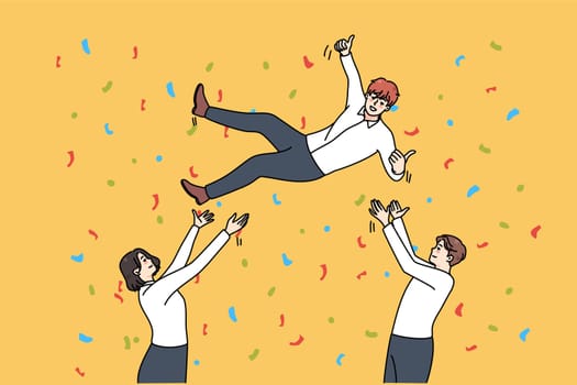 Happy employee throw colleague up in air greeting with job promotion. Overjoyed businesspeople celebrate shared business success or achievement. Teamwork. Vector illustration.
