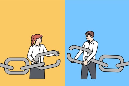 Businesspeople hold chain with missing link find solution together. Man and woman employee solve business problem together. Teamwork and cooperation concept. Vector illustration.