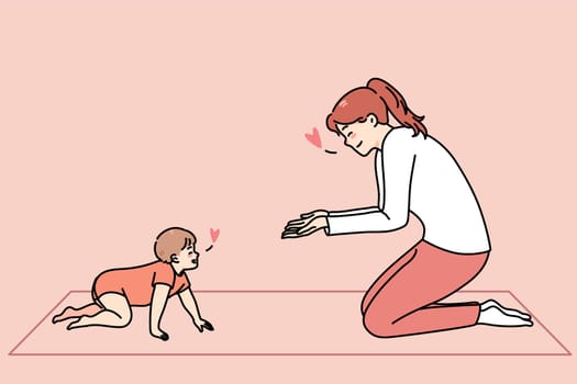 Loving happy young mother play with little toddler crawling at home. Smiling caring mom have fun teach baby infant walking make first steps. Motherhood. Vector illustration.