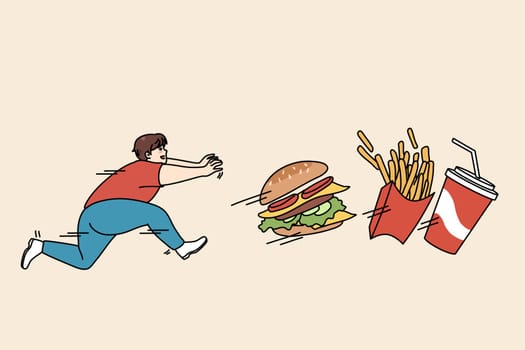 Fat guy running after fast food suffer from obesity and bad habits. Hungry overweight man pursue fries and hamburger, enjoy eating junk food. Diet and healthy lifestyle. Vector illustration.