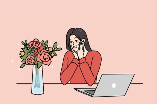 Happy young woman sit at table in office pleasantly surprised by flower delivery from secret admirer. Smiling girl stunned with romantic gift bouquet. Romance and affection. Vector illustration.
