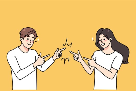Smiling young man and woman joking with each other. Happy guy and girl pranking have fun together. Friendship and good relationships concept. Vector illustration.