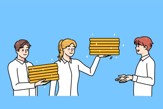 Smiling investors give successful businessman coins for saving and income. Businesspeople put money on deposit in bank. Finance and investment concept. Vector illustration.