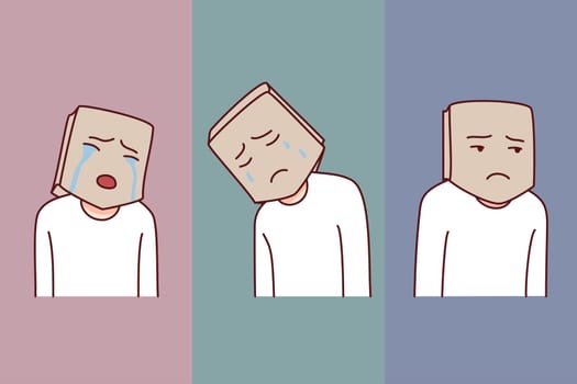 Person head in paper bag suffer from psychological mental problems. Man hide emotions struggling from depression or low self-esteem. Emotional instability. Vector illustration.