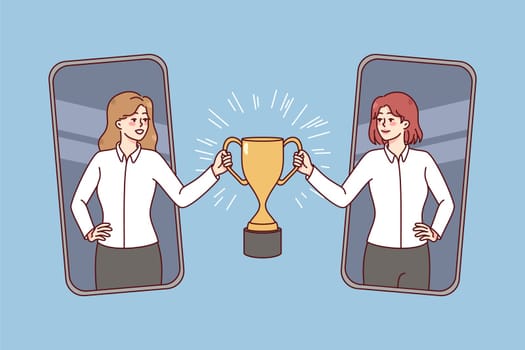 Happy businesswoman on smartphone screen stretch hand holding golden trophy together. Successful remote deal and online agreement. Flat vector illustration.