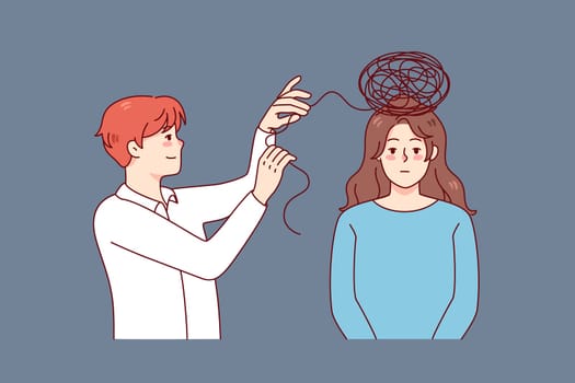 Psychologist work with woman patient unravel confused thoughts in head. Unhappy tired female having session with psychotherapist. Psychotherapy. Vector illustration.