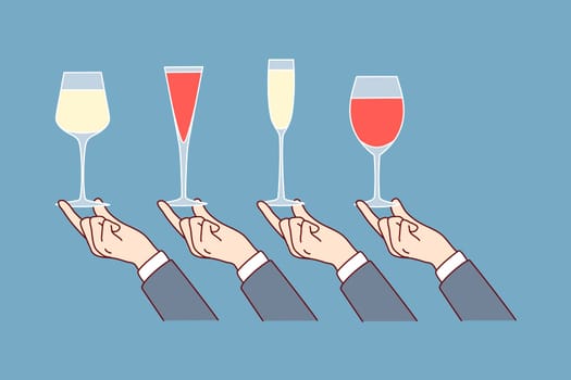 Hands holding diverse glasses with alcoholic beverages. Sommelier tasting alcohol. Party or celebration. Drinks at bar. Flat vector illustration.