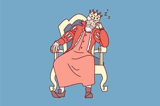 Bored king with crown on head fall asleep in chair. Tired monarch sleeping in armchair. Exhaustion and fatigue. Vector illustration.