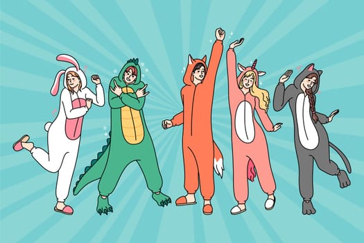 Happy people in funny animal costumes dancing and having fun. Friendship and partying. Flat vector illustration.