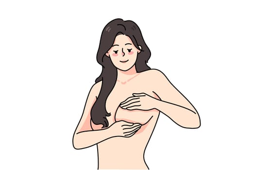 Young woman touching breast preventing cancer. Female doing self-examination for diagnosis or prevention of oncology. Healthcare and medicine concept. Vector illustration.
