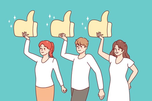 Diverse people holding huge like signs, giving good review to service. Clients or customers rate showing satisfaction. Feedback concept. Vector illustration.