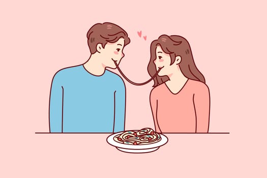 Happy couple having romantic date in restaurant eating pasta together. Man and woman enjoying romance in cafe. Flat vector illustration.