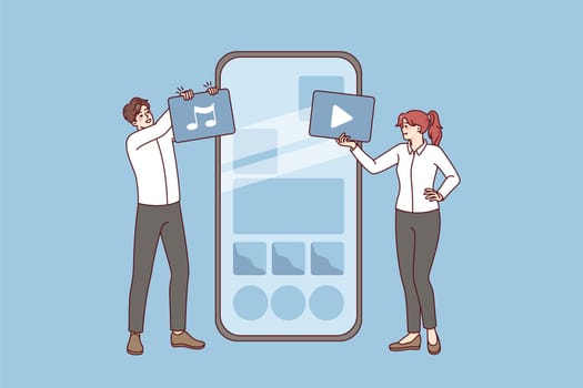 People working with widget on cellphone helping with application installation. Smartphone app and programs operation. Flat vector illustration.