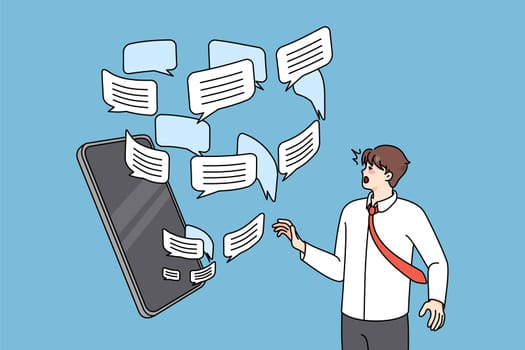 Man overwhelmed with email notification emails and messages on cellphone. Anxious male bothered with spam on smartphone. Flat vector illustration.