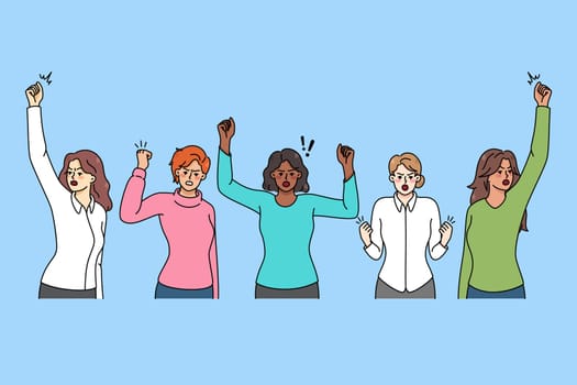 Diverse multiethnic women on demonstration against gender discrimination. Determined multiracial females strike for equal rights. Flat vector illustration.