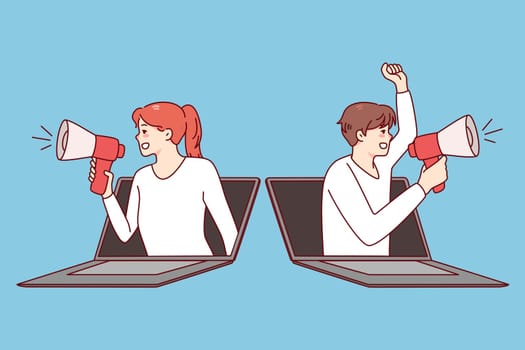 People with megaphones screaming about promotion or discount deal from laptops. Man and woman with loudspeakers promote sale or campaign. Vector illustration.