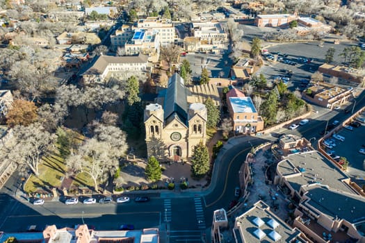 Aerial view of the Cathedral Basilica of St. Francis of Assisi in Santa Fe, New Mexico