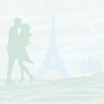 Romantic couple in Paris kissing near the Eiffel Tower Retro card