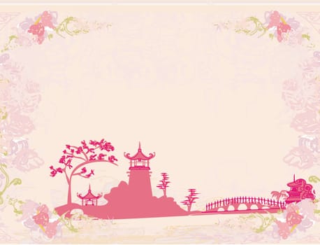 old paper with Chinese Temple on Asian Landscape