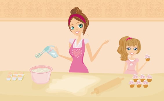 Happy mother helping her daughter cooking in the kitchen