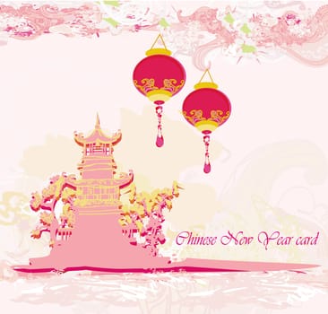 old paper with Asian Landscape and Chinese Lanterns - vintage japanese style background