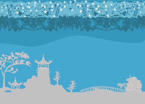 old paper with Chinese Temple on Asian Landscape