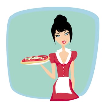 sweet girl waitress serving pizza