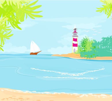 lighthouse seen from a tiny beach