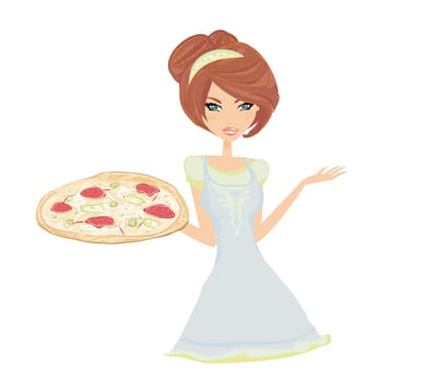 sweet girl waitress serving pizza