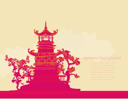 old paper with Japanese Temple on Asian Landscape