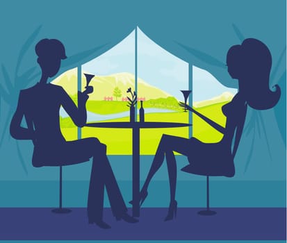 Young couple silhouette flirt and drink champagne in restaurant
