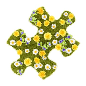 Flowery Grassy Puzzle Piece Shape Isolated on White Background 3D Illustration