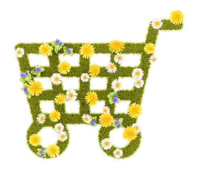 Flowery Grassy Shopping Cart Symbol Shape Isolated on White Background 3D Illustration