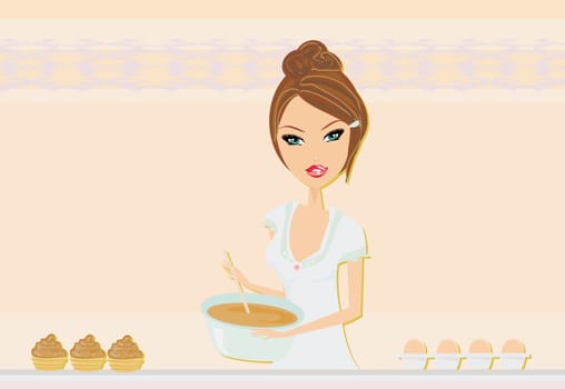 Beautiful lady cooking cakes in the kitchen