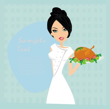 Beautiful Waitress serving a chicken - card