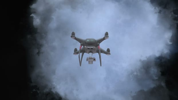Drone flying aganst stormy clouds