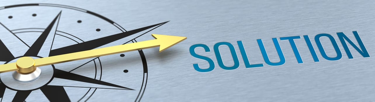 Compass needle pointing to the words Solution - 3d rendering