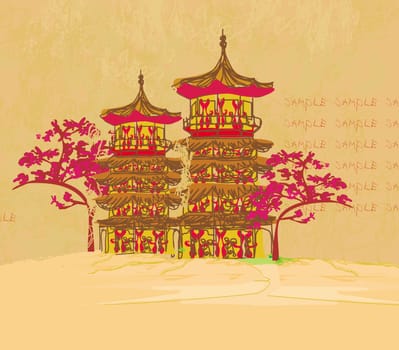 old paper with Japanese Temple on abstract Asian Landscape