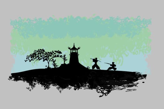 Samurai silhouette in Asian Landscape