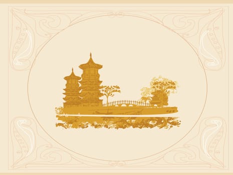 old paper with Japanese Temple on abstract Asian Landscape