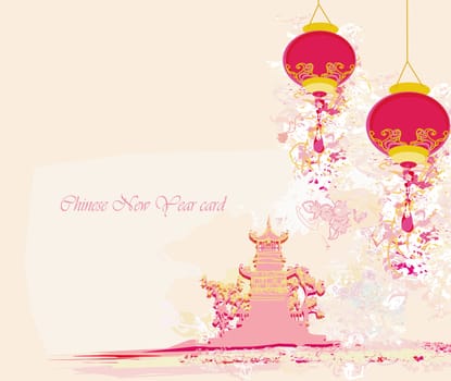 Chinese New Year card - Traditional lanterns and Asian buildings