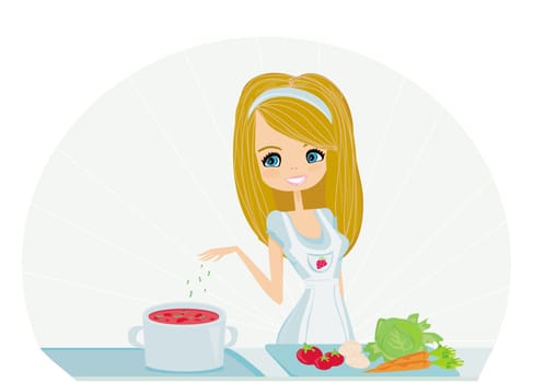 Beautiful lady cooking soup in the kitchen