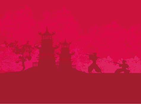 Samurai silhouette in Asian Landscape