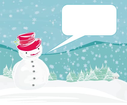 Happy snowman on winter landscape card