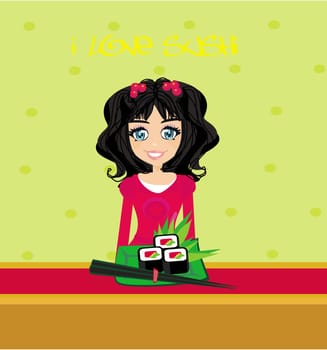 sweet Asian girl enjoy sushi - menu card