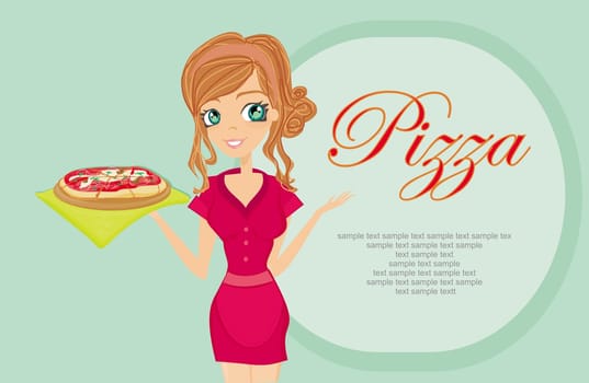 beautiful woman waitress enjoys pizza