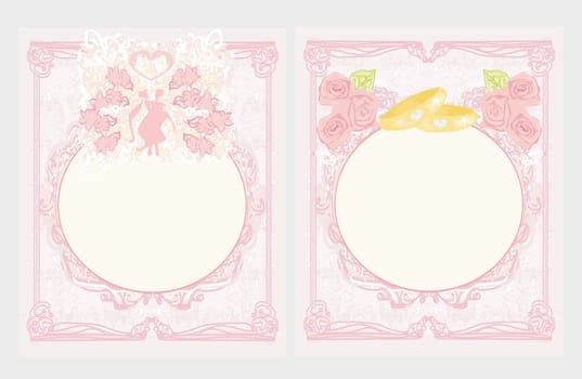 floral wedding Invitation card with wedding couple silhouette and rings - set